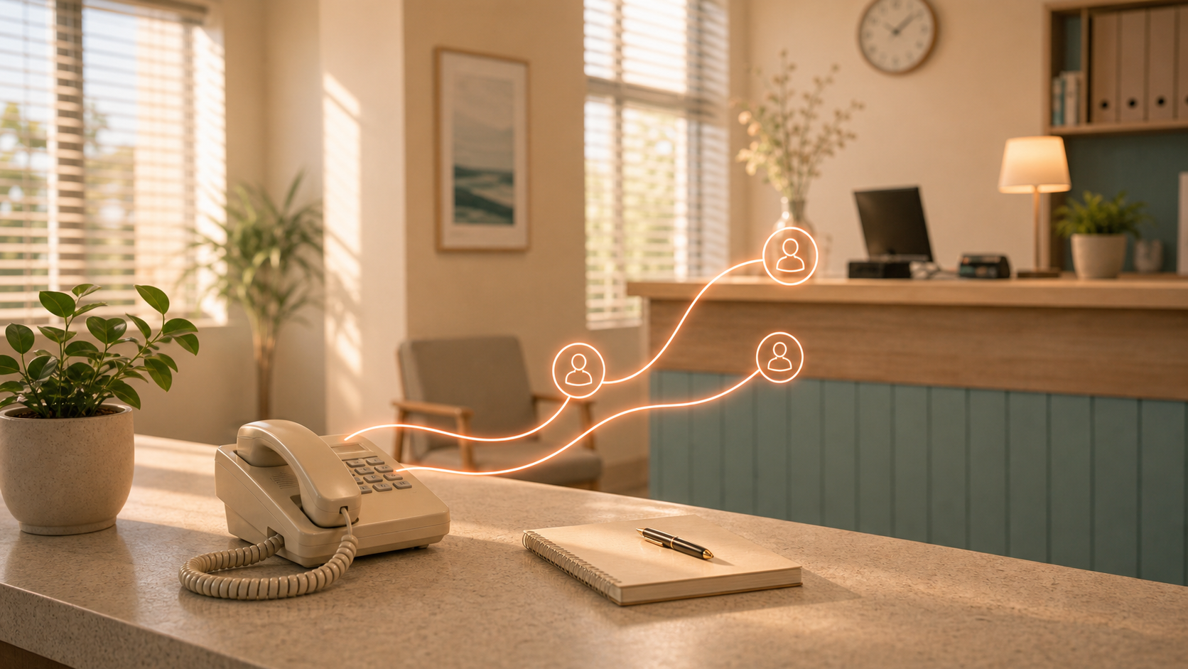 OneLineAssist call routing shown as a quiet reception desk with a landline